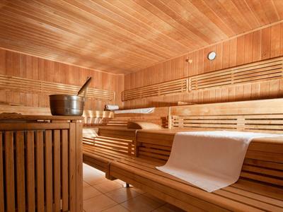 Wooden sauna with multi-level benches and a sauna bucket