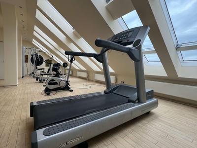 Modernes Fitnessstudio mit Laufband, Fahrradergometer und Kraftgeräten in hellem Raum mit Dachfenstern.