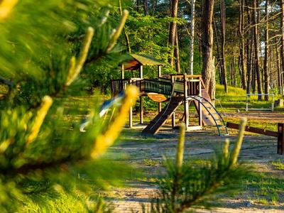 Parco giochi per bambini con scivolo e struttura da arrampicata nella foresta alla luce del sole.