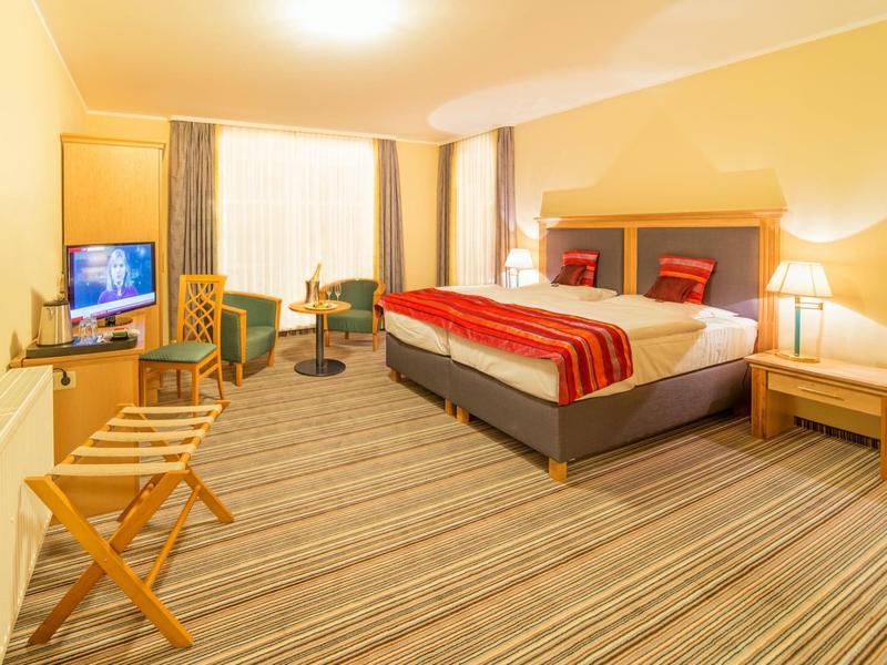 Cozy hotel room with large double bed, TV, and seating area in daylight.