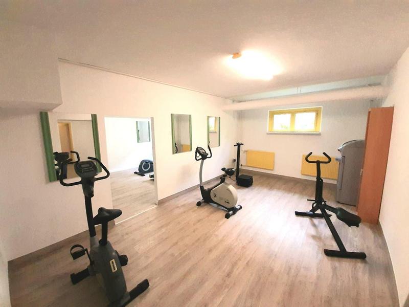 Heller Raum mit Holzboden, Spiegelwand, zwei Ergometer-Fahrrädern und einem Stepper.