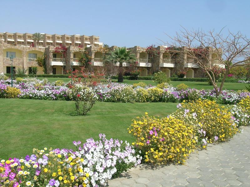 Garden with colorful flowers and green lawn next to a paved walkway at a hotel.