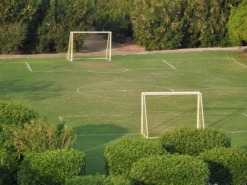 Small soccer field with two goals surrounded by lush green trees and bushes