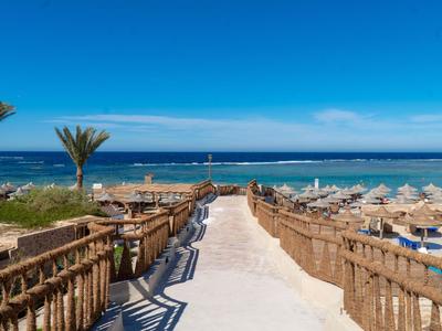 Sonniger Strandzugang mit Palmen, Sonnenschirmen und blauem Meer im Hintergrund.