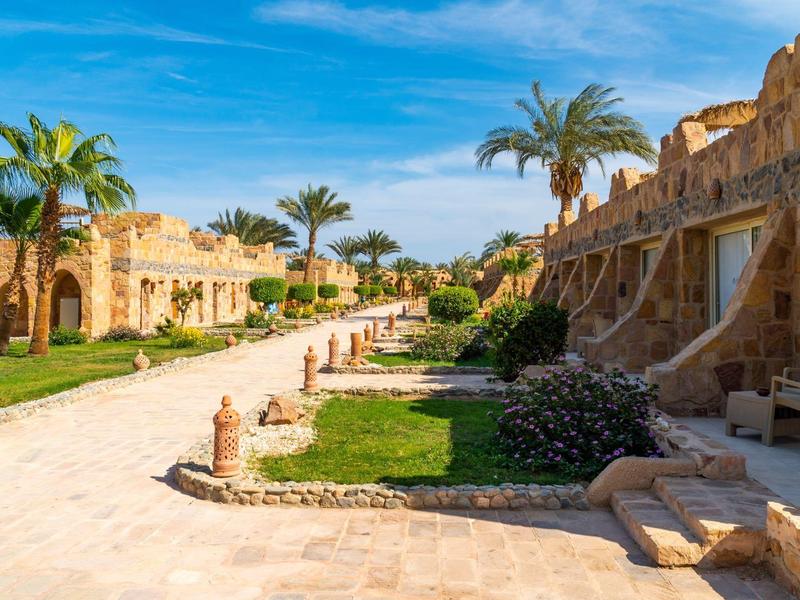 A sunny hotel pathway lined with palm trees and sandstone buildings surrounded by green lawns.