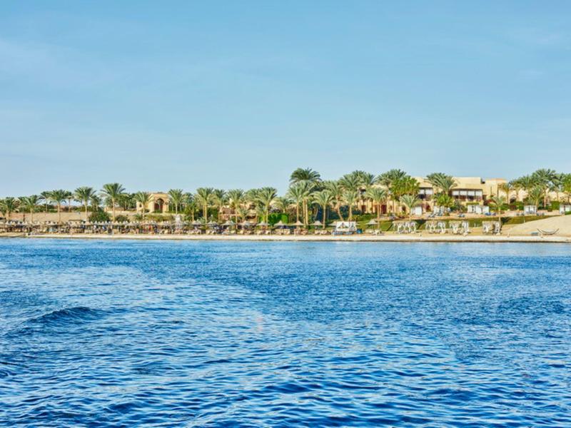 View of a beachfront resort with palm trees and calm blue sea under a clear sky.