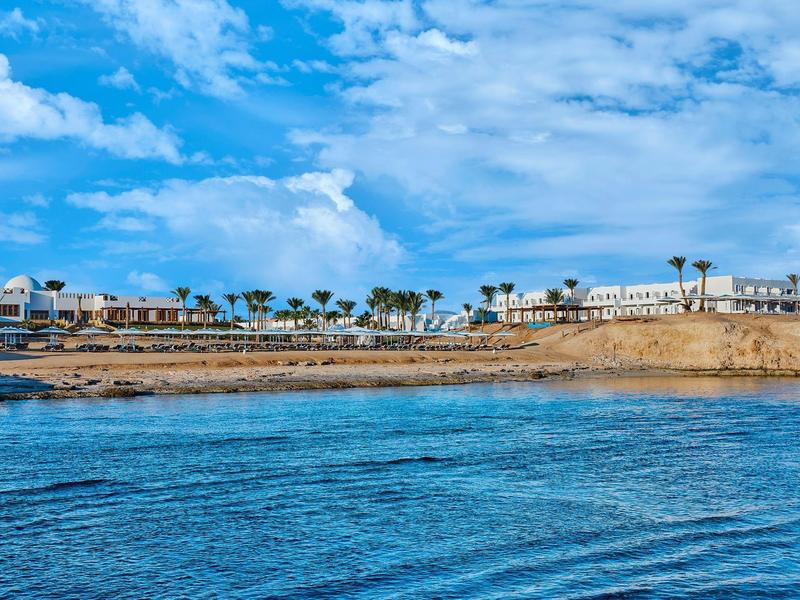 Klares blaues Meer vor steiniger Küste mit niedrigen Gebäuden und Palmen unter blauem Himmel.