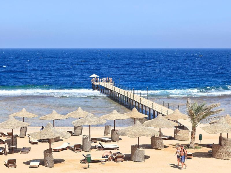 Sunny beach with umbrellas, lounge chairs, palm tree, and a long pier stretching into blue sea.