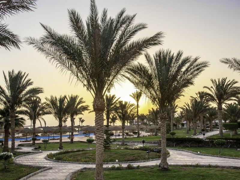 Sunset over palm trees and garden paths at a tropical resort.