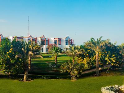 Udržovaná zelená zahrada s palmami před hotelem za čisté oblohy.