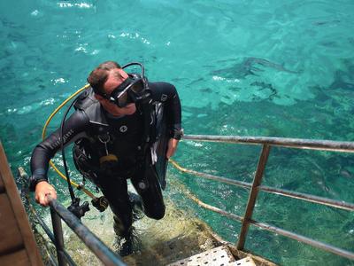 Plongeur équipé montant un escalier hors de l'eau bleue claire