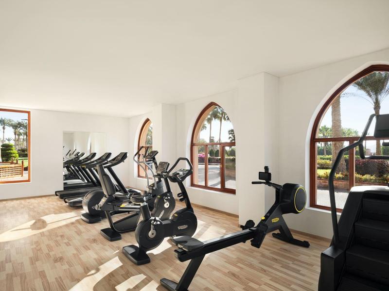 Sala de fitness luminosa con equipos modernos y grandes ventanas arqueadas con vista al exterior.