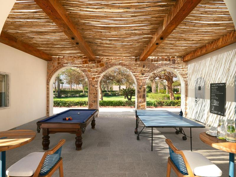 Área de ocio cubierta con mesa de billar y de ping-pong con vista al jardín.