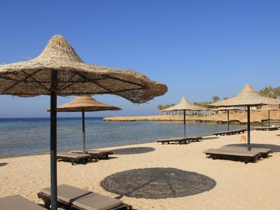 Spiaggia sabbiosa vuota con ombrelloni di paglia e lettini sotto un cielo azzurro limpido.