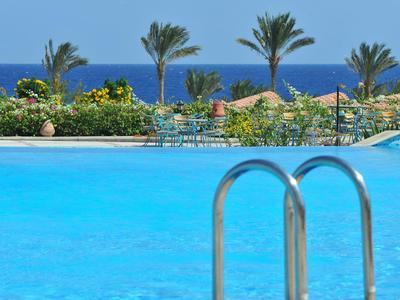 Vista di una piscina con palme e il mare sullo sfondo.