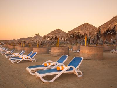 Empty sun loungers and straw-roofed umbrellas on the beach at sunset