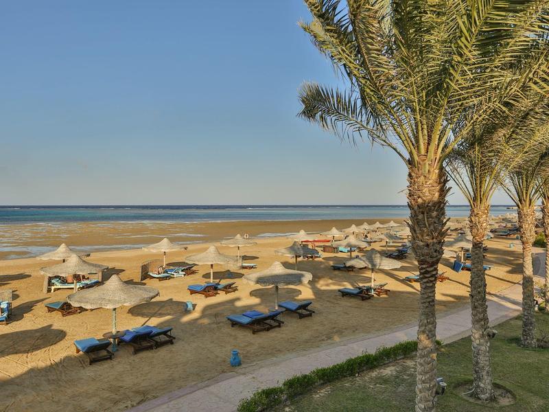 Plage avec palmiers, parasols et chaises longues sous un ciel bleu au bord de la mer