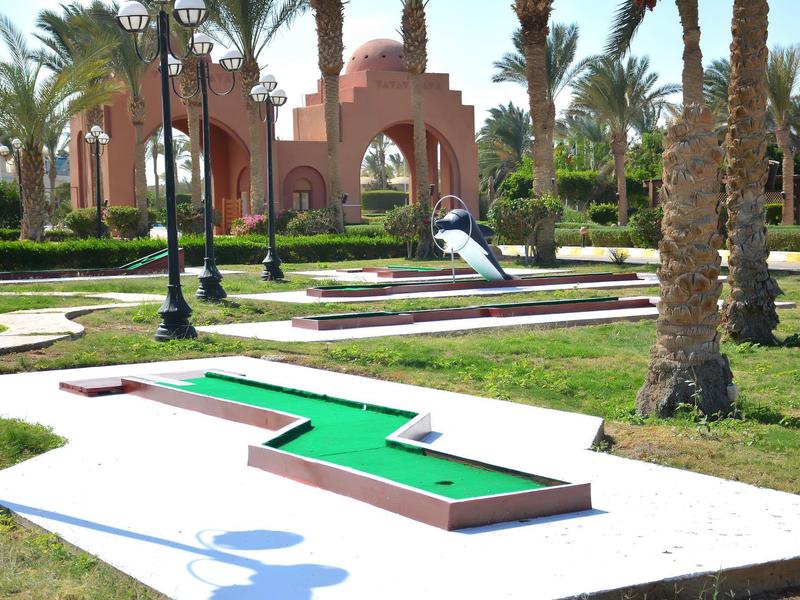 Terrain de mini-golf avec surfaces de jeu vertes et palmiers en arrière-plan