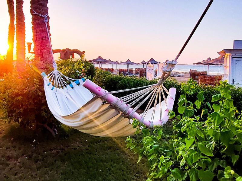 Hamac entre des palmiers avec vue sur le coucher de soleil et le jardin