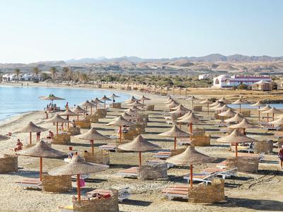 Strand mit vielen Strohhut-Sonnenschirmen, Liegen und ruhigem Meer im Hintergrund.