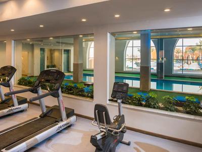 Gimnasio luminoso con cintas de correr y vistas a la piscina exterior a través de grandes ventanas