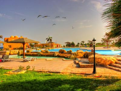 Großer Poolbereich mit Liegestühlen und Palmen unter blauem Himmel in einem Hotelresort.