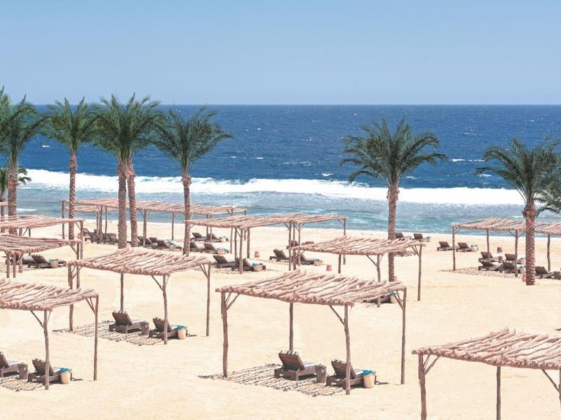 Strand met palmbomen en zonneschermen bij de kalme zee onder een heldere lucht.