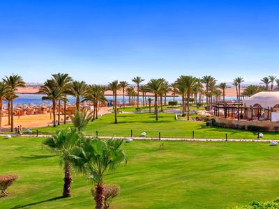 Grüner Park mit Palmen, Strand und blauem Himmel im Hintergrund, inklusive Sonnenschirmen und Pavillon.