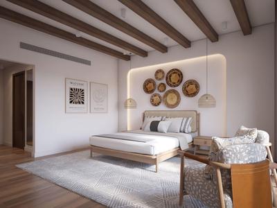 Camera da letto moderna con letto in legno, decorazioni murali e morbido tappeto in tonalità neutre.