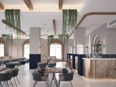 Moderne hotel eetruimte met hangplanten, bruine stoelen en grote ramen.