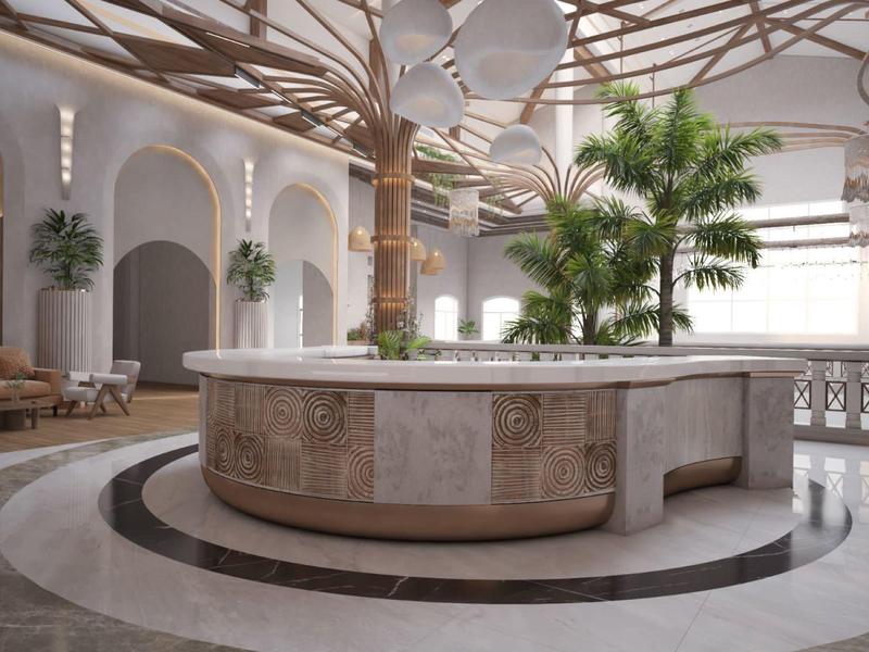 Elegante hotellobby met een ronde receptiebalie en palmbomen in een heldere, moderne stijl.