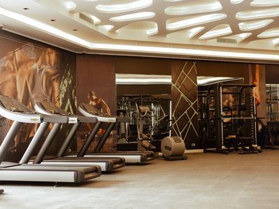 Palestra moderna con tapis roulant, attrezzature per l'allenamento e illuminazione elegante.