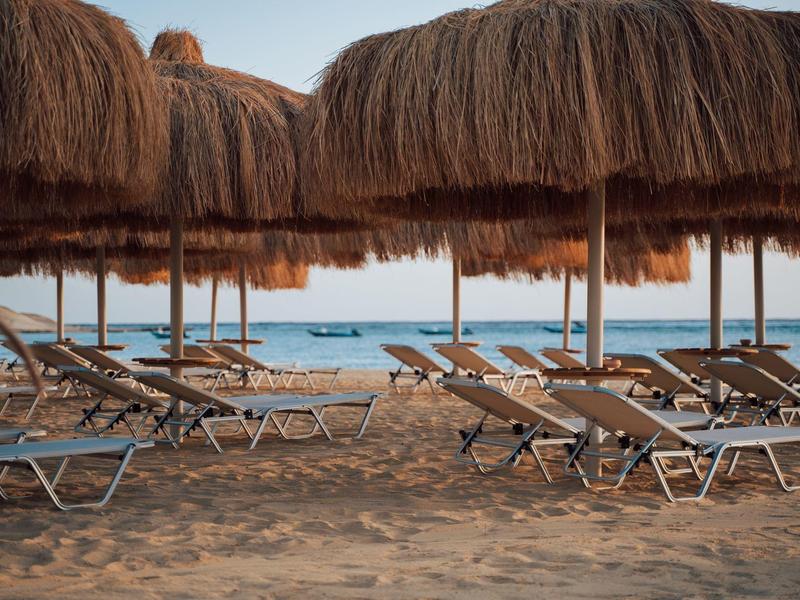 Chaises longues vides sous des parasols en paille sur la plage de sable face à la mer.