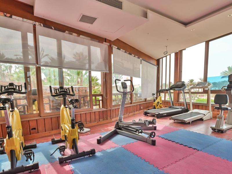 Jasna siłownia z różnymi urządzeniami do ćwiczeń i dużymi oknami z widokiem na rośliny.