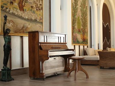 Piano en bois dans une pièce élégante avec des œuvres d'art et des sièges confortables.
