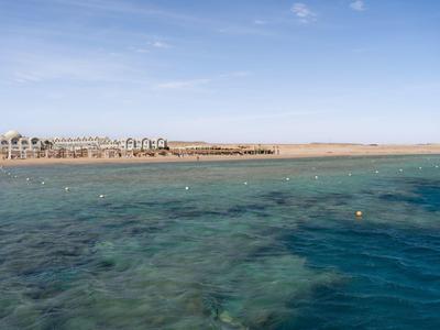 Klares blaues Meer mit Korallenriffen und Strand mit Palmen unter blauem Himmel.