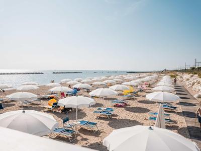 Beach with white umbrellas and lounge chairs by the sea under a clear sky.