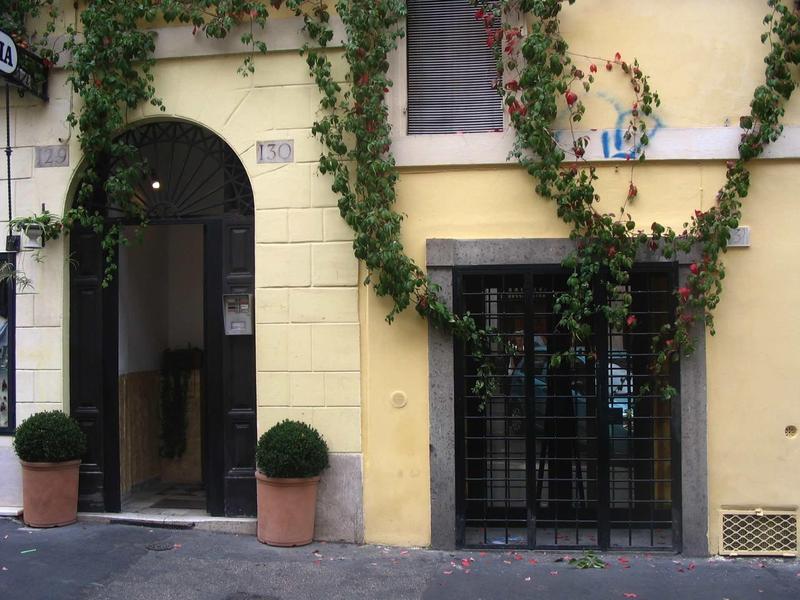Gelbes Haus mit zwei grünen Pflanzen in Töpfen und Pflanzenranken an der Fassade