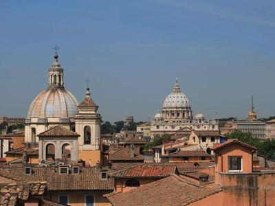 View of classic domes and historic rooftops under clear sky.