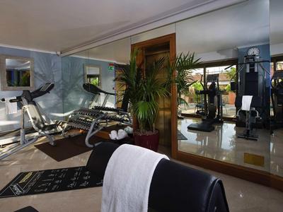 Moderner Fitnessraum mit Geräten, Spiegelwand und Pflanzen für Hotelgäste.