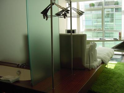 Moderner, grüner Teppich und weißes Sofa in hellem Raum mit Glaswänden und Metall-Kleiderständer.