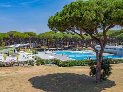 Grand espace piscine avec transats et parasols, entouré d'arbres verts et ciel bleu.