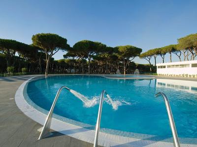 Piscine extérieure avec eau claire et arbres en arrière-plan sous un ciel bleu.