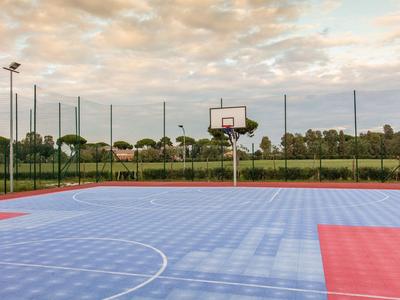 Terrain de basket vide avec sol bleu et rouge sous un ciel nuageux en plein air