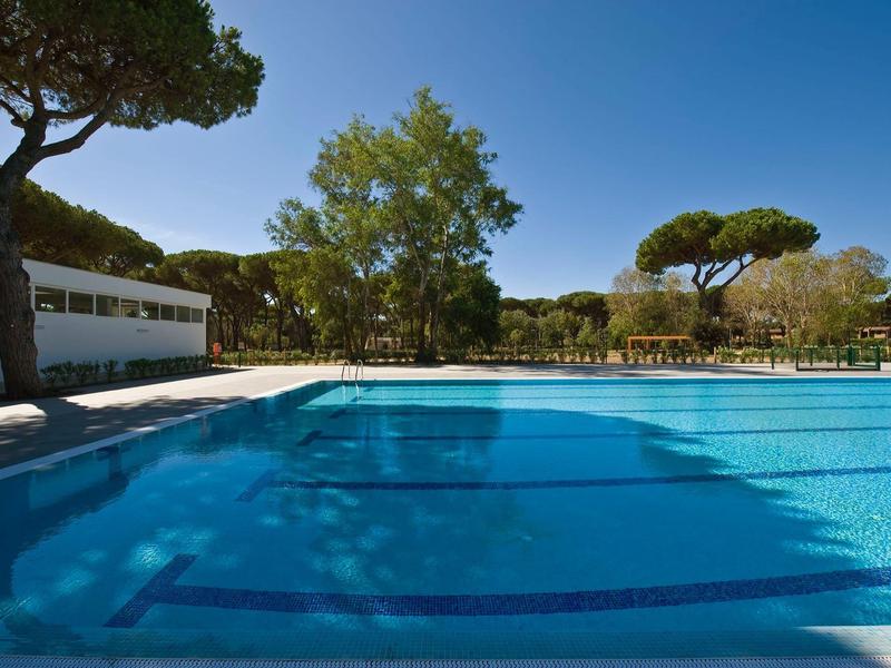 Helderblauw zwembad met omliggende bomen en blauwe lucht bij een hotel.