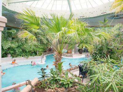 Innenpool mit tropischer Bepflanzung unter einer großen Glaskuppel, Gäste entspannen im Wasser.