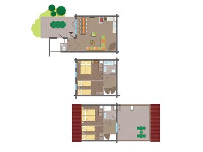 Grundriss eines dreistöckigen Ferienhauses mit Schlafzimmern, Wohnzimmer, Küche und Terrasse.