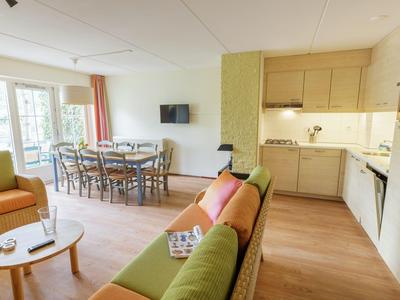 Helles Wohnzimmer mit grünem Sofa, Holztisch, Esstisch und moderner offener Küche.