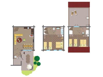 Grundriss eines dreistöckigen Ferienhauses mit Wohnzimmer, Küche, Badezimmern und Schlafzimmern.