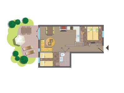 Grundriss einer Unterkunft mit zwei Schlafzimmern, Badezimmer und Terrasse mit Gartenmöbeln.
